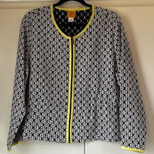 Ruby Rd white & black textured zippered blazer with neon yellow accents-Size 18